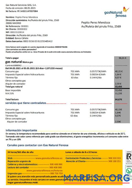 Downloadable Spain gasNatural fenosa utility bill template in Word and PDF format